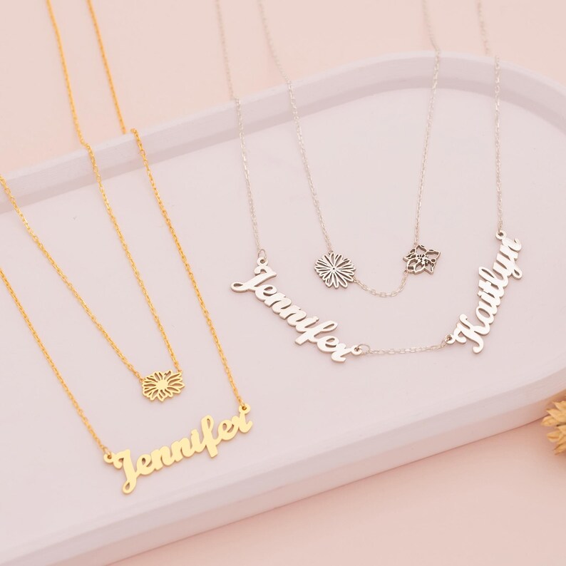 Personalized Birth Flower & Name Layered Necklace