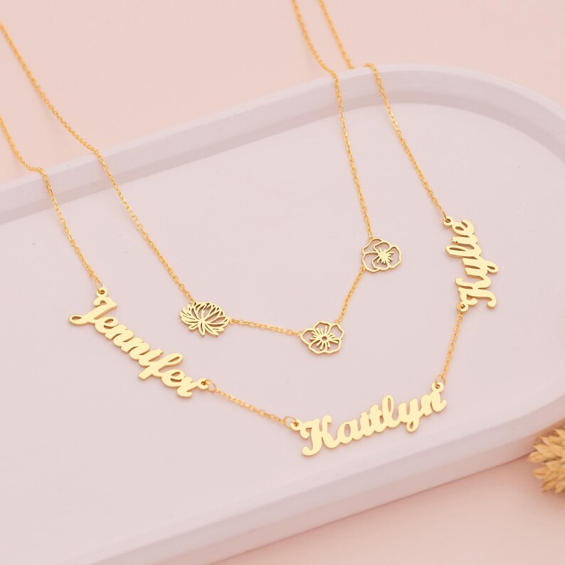 Personalized Birth Flower & Name Layered Necklace