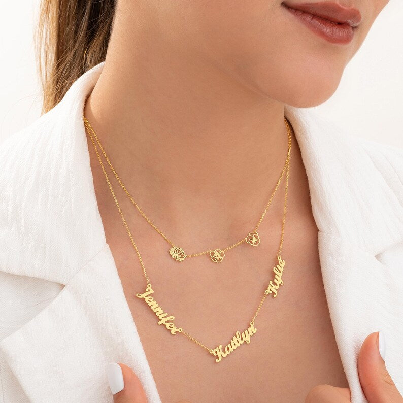 Personalized Birth Flower & Name Layered Necklace