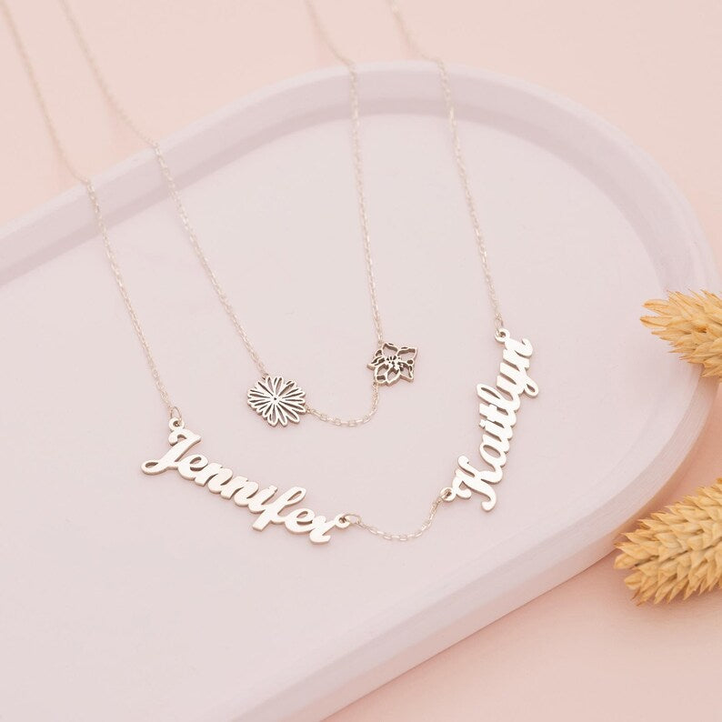 Personalized Birth Flower & Name Layered Necklace